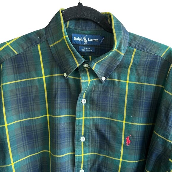 Ralph Lauren Vintage Blake Fit Green Blue Plaid Button Down Shirt Size Medium - Picture 1 of 12